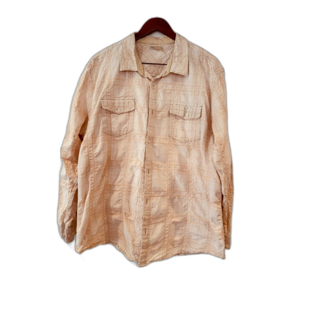 Carbon2Cobalt Men XXL Plaid Shirt Tan Cream Cotton Rayon Button Front 133518